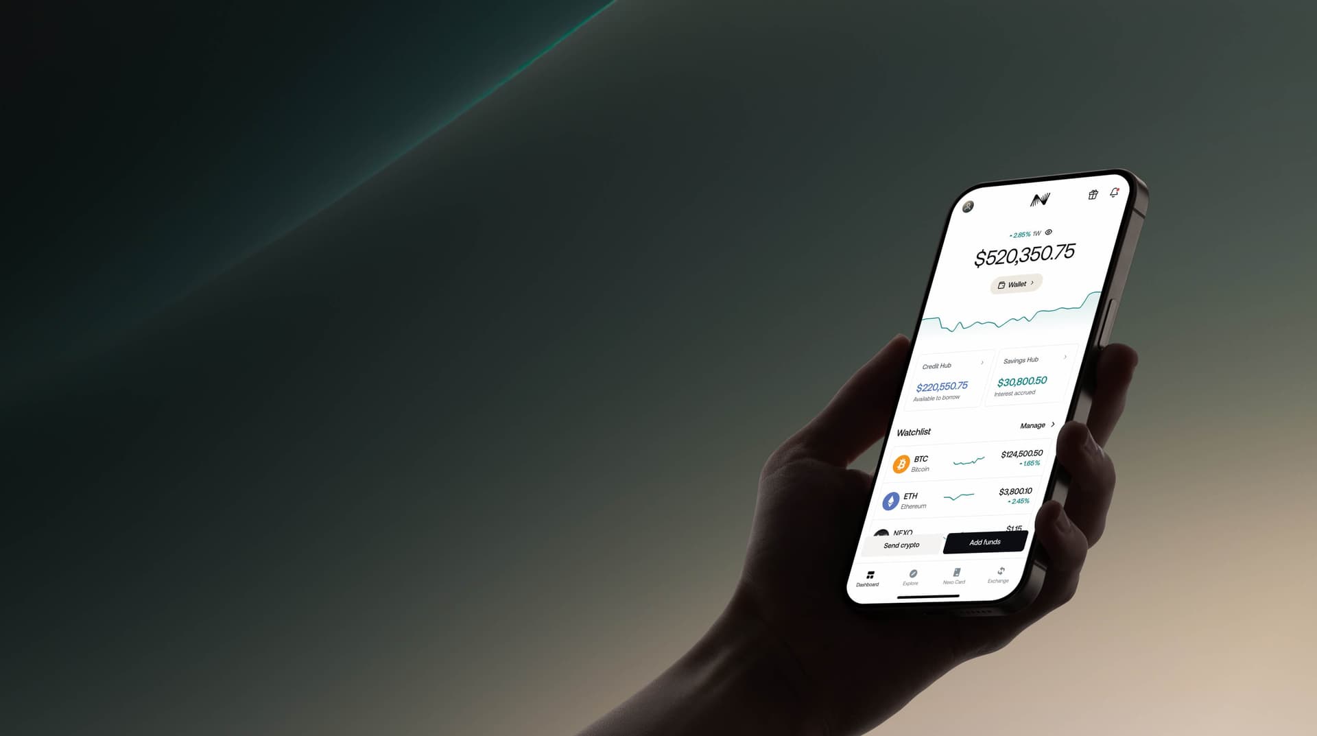 Nexo mobile app shown on a phone held in hand